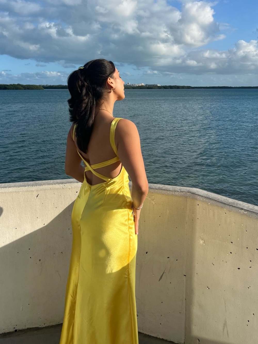 Yellow Satin Backless Evening Dress